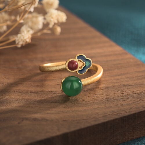 Internet celebrity live broadcast with goods source ancient gold ethnic style enamel burnt blue cloisonné women's open chalcedony ring
