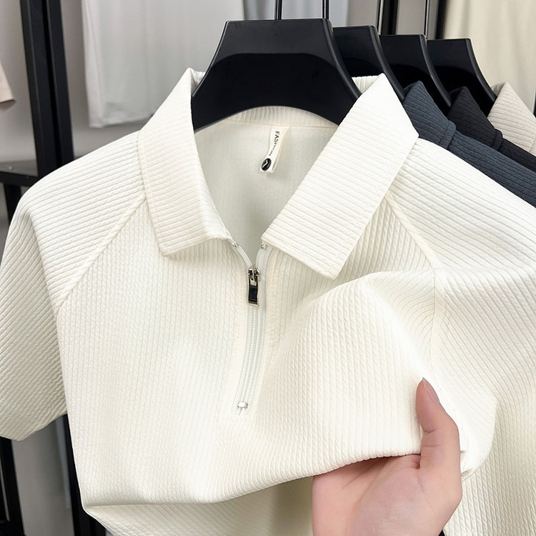 Lapel Short-Sleeved T-Shirt for Men, Slit Top, Solid Color Half-Zip Polo Shirt, Loose Casual Summer Polo Shirt for Men