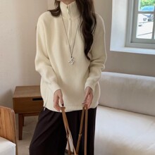 设计感侧腰开叉毛衣女秋冬新款韩系宽松立领半拉链套头针织衫上衣