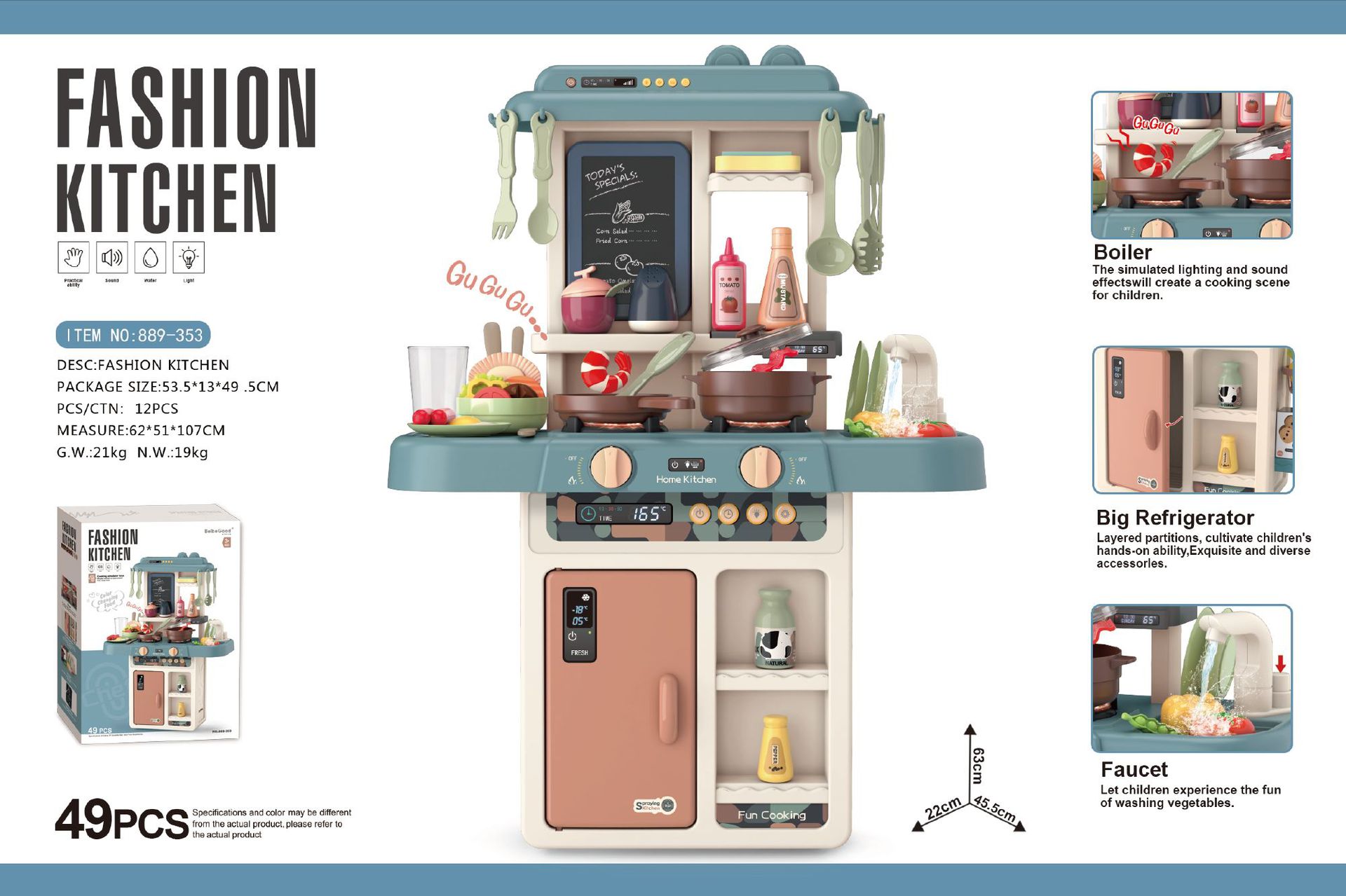 889353-63CM cocina de moda (con iluminación, función de agua, alimentos de cambio de color) 49PCS, no incluye electricidad 3 * 1.5AA