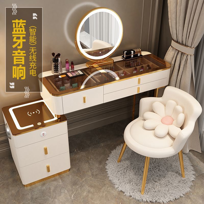 Mesa de vestuario inteligente de carga inalámbrica de lujo ligero mesa de maquillaje de dormitorio nórdica moderna simple y multifuncional mesa de maquillaje de madera maciza