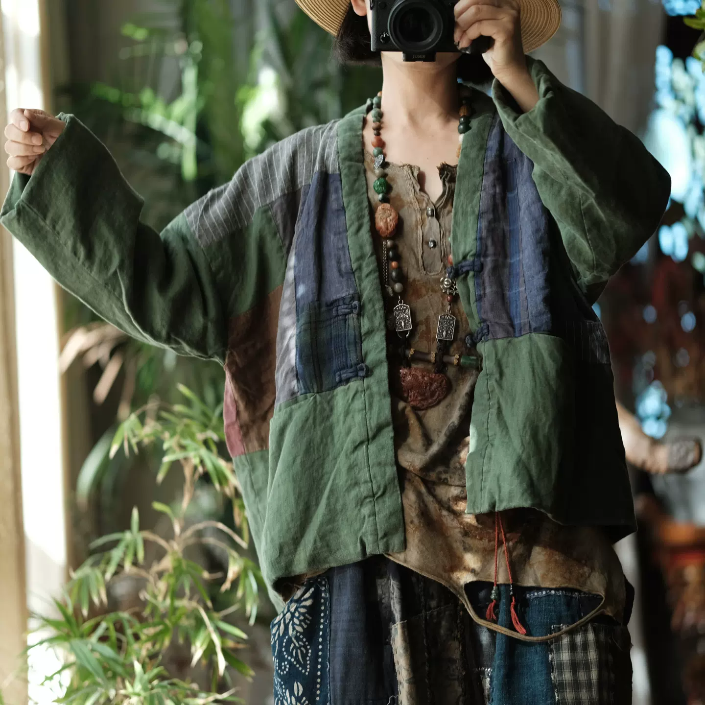 落古泥复古文艺做旧雪花洗亚麻拼布宽松短棉衣棉服女1788绿拼