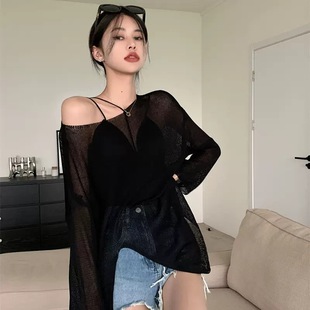 Hong Kong Style Sun Protection Blouse Sexy Slightly See-Through Long-Sleeved Summer Thin Knitwear Women's Mid-Length Ice Silk Mesh Top