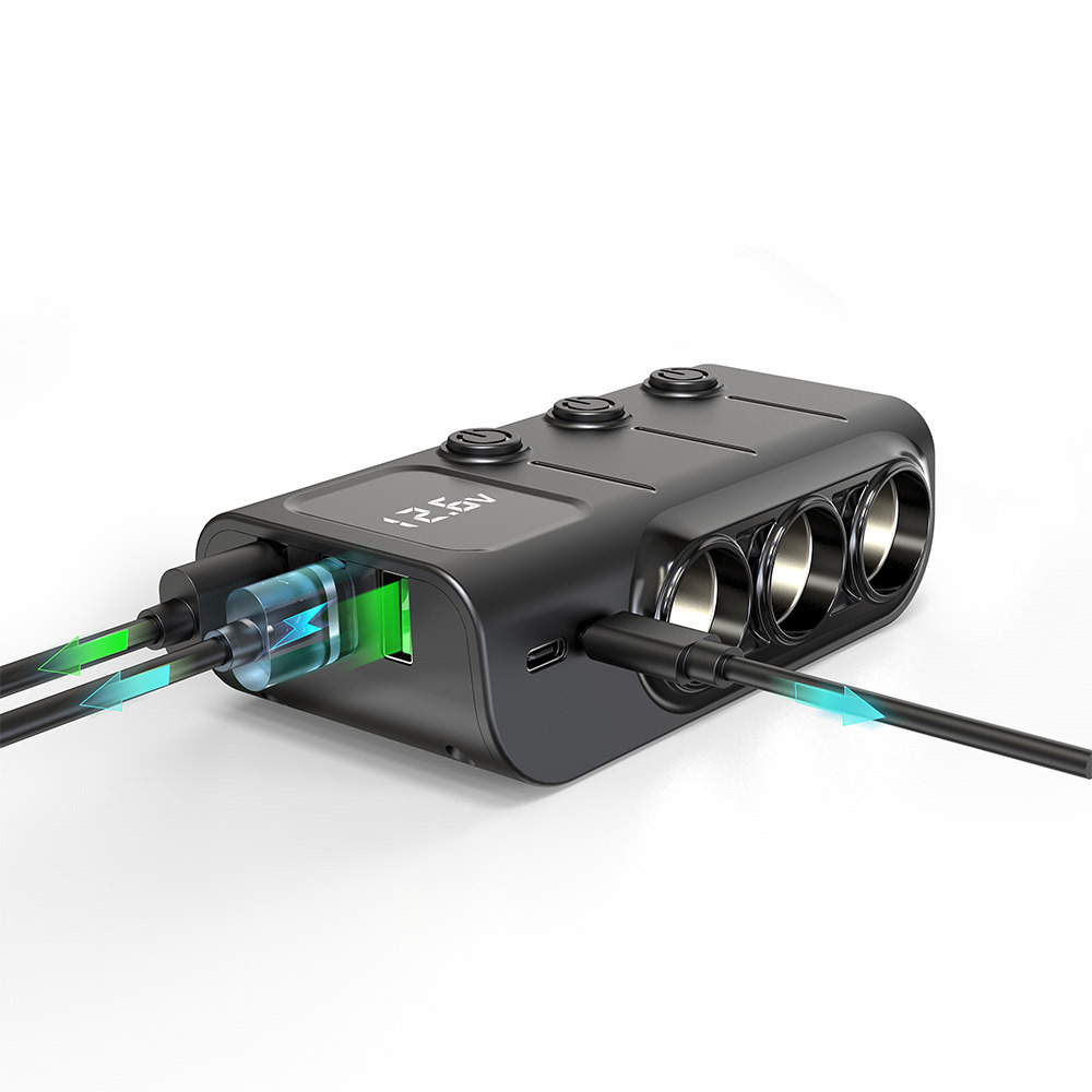 Car Phone Charger With Three Usb Ports And Voltage Display_voghion.com