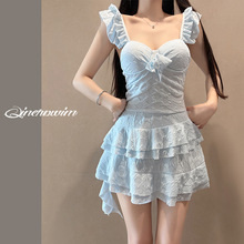 泳衣女款连体纯色裙式甜美少女保守显白钢托聚拢遮肉温泉泳衣批发