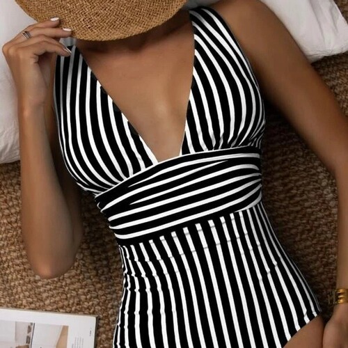 European and American style triangle one-piece swimsuit, sexy striped swimsuit, women's multi-color printed bikini