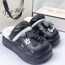 新款毛毛凉拖鞋加毛洞洞鞋女防滑舒服暴力熊卡通厚底洞洞鞋一件代