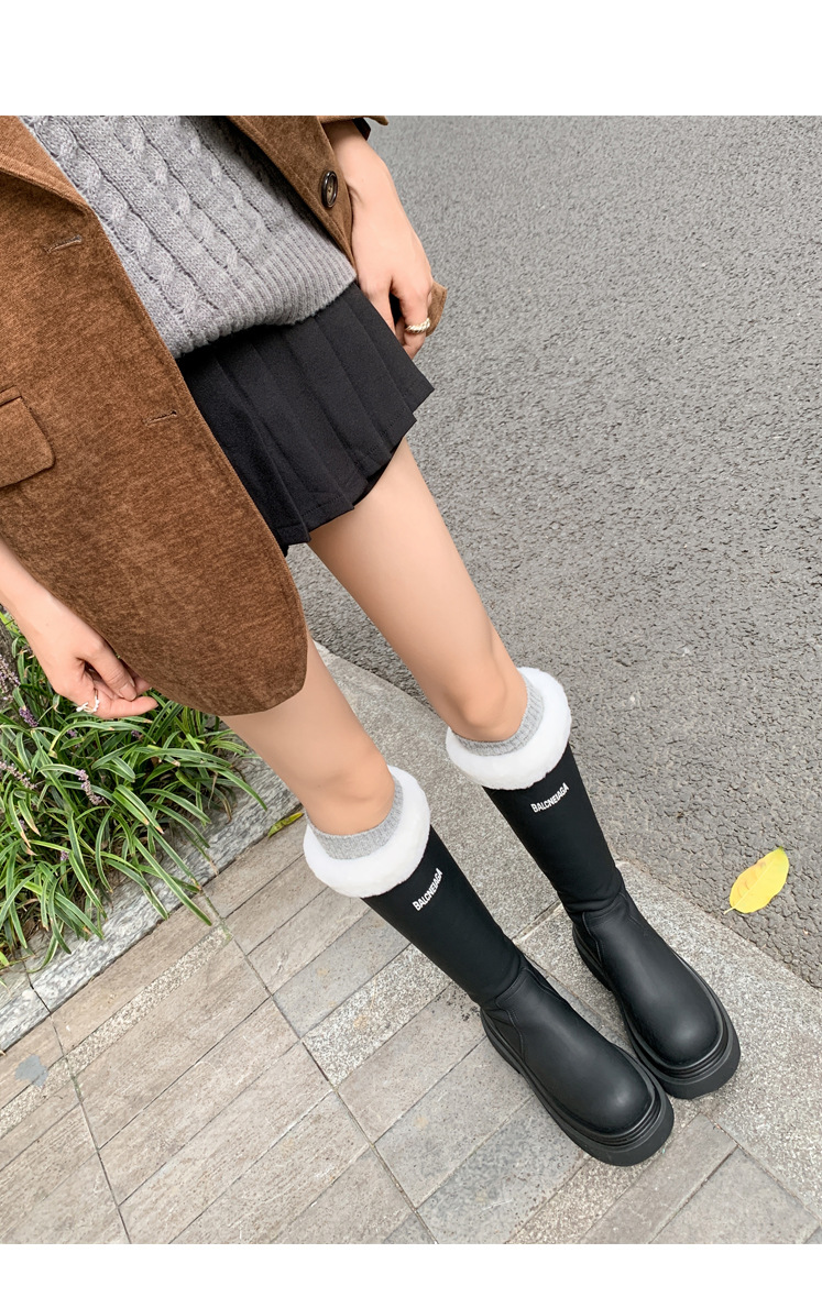 Boot nữ cổ cao lót nhung đế dày da bò giữ ấm mùa đông — Màu nâu ống lớn chi tiết 19