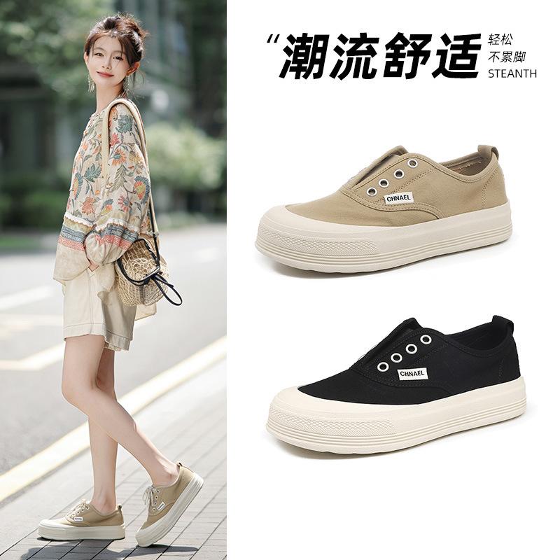 2026년 여름 신상 통기성 캔버스화 여성 인싸템 초인기 한국 스타일 스니커즈 투웨이 슬립온 두꺼운 밑창 어부화