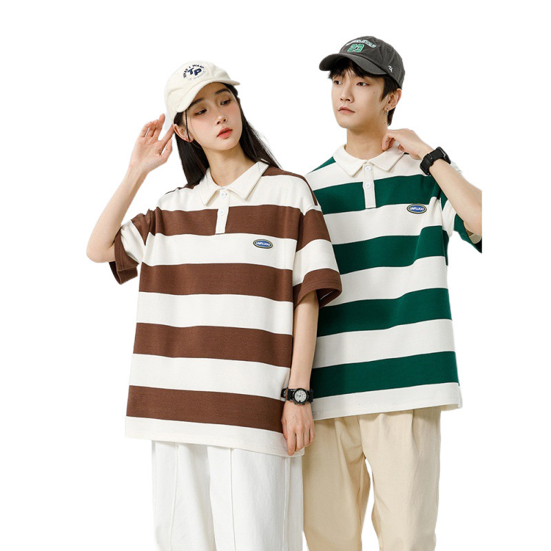 Camiseta Polo a Rayas de Algodón Heavyweight 250G Unisex para Parejas