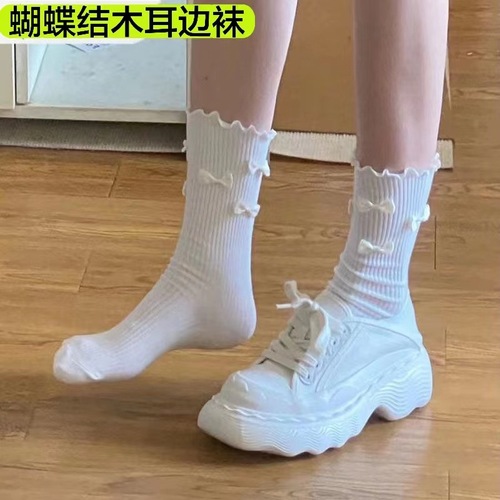 Japanese cute bow-tie ear-rimmed socks for women in spring and summer sweet girl mid-calf socks jk uniform lace socks