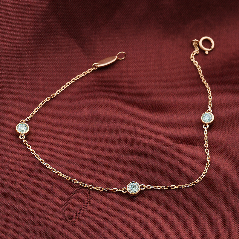 European and American Style 18K Gold Bracelet, Simple and Fashionable Three-Stone Bezel-Set Bracelet, Round Blue-Green Moissanite Bracelet for Women