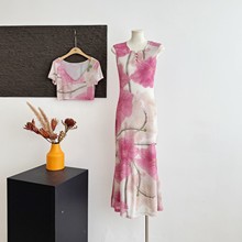 法式印花网纱旗袍裙女连衣裙修身气质鱼尾长裙