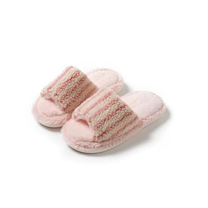 Moda versátil estilo retro lindas zapatillas de pelo de oso damas 2026 otoño y invierno nuevas zapatillas de algodón de peluche a rayas image 12