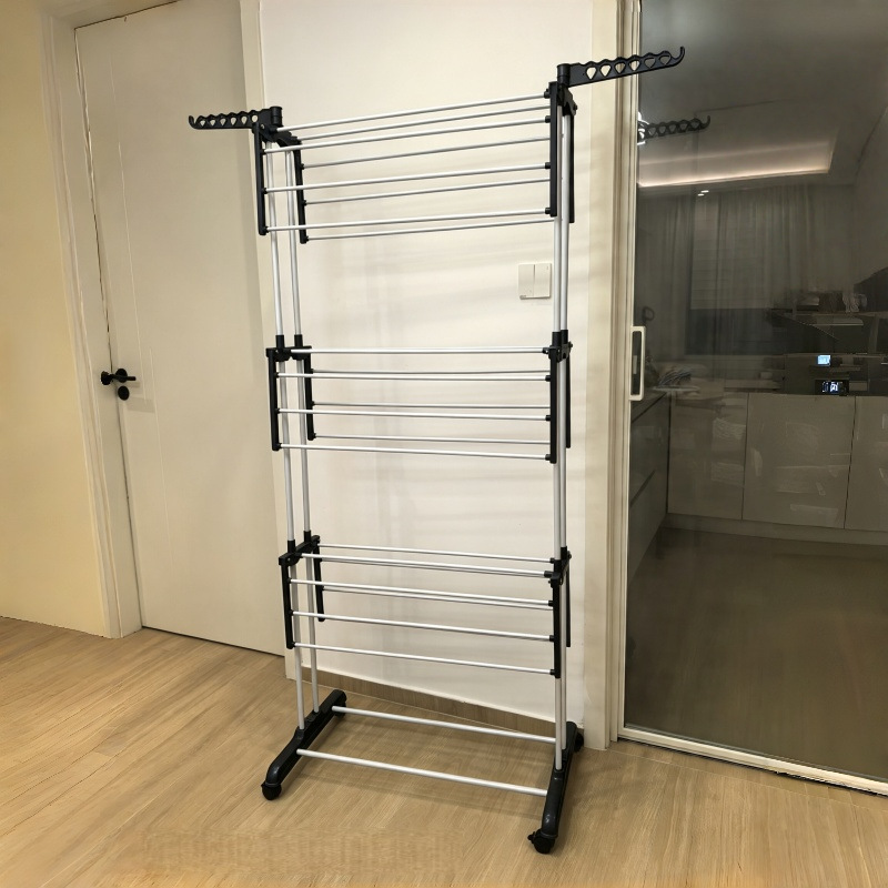 Percha de ropa plegable transfronteriza aterrizaje nuevo tipo de estante multifuncional de perfil aerodinámico móvil plegable percha de ropa multicapa image 9
