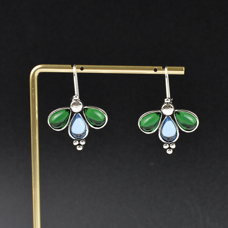 New Bohemian Drop-Shaped Imitation Enamel Flower Pendant Earrings Retro Creative Blue Emerald Earrings for Women