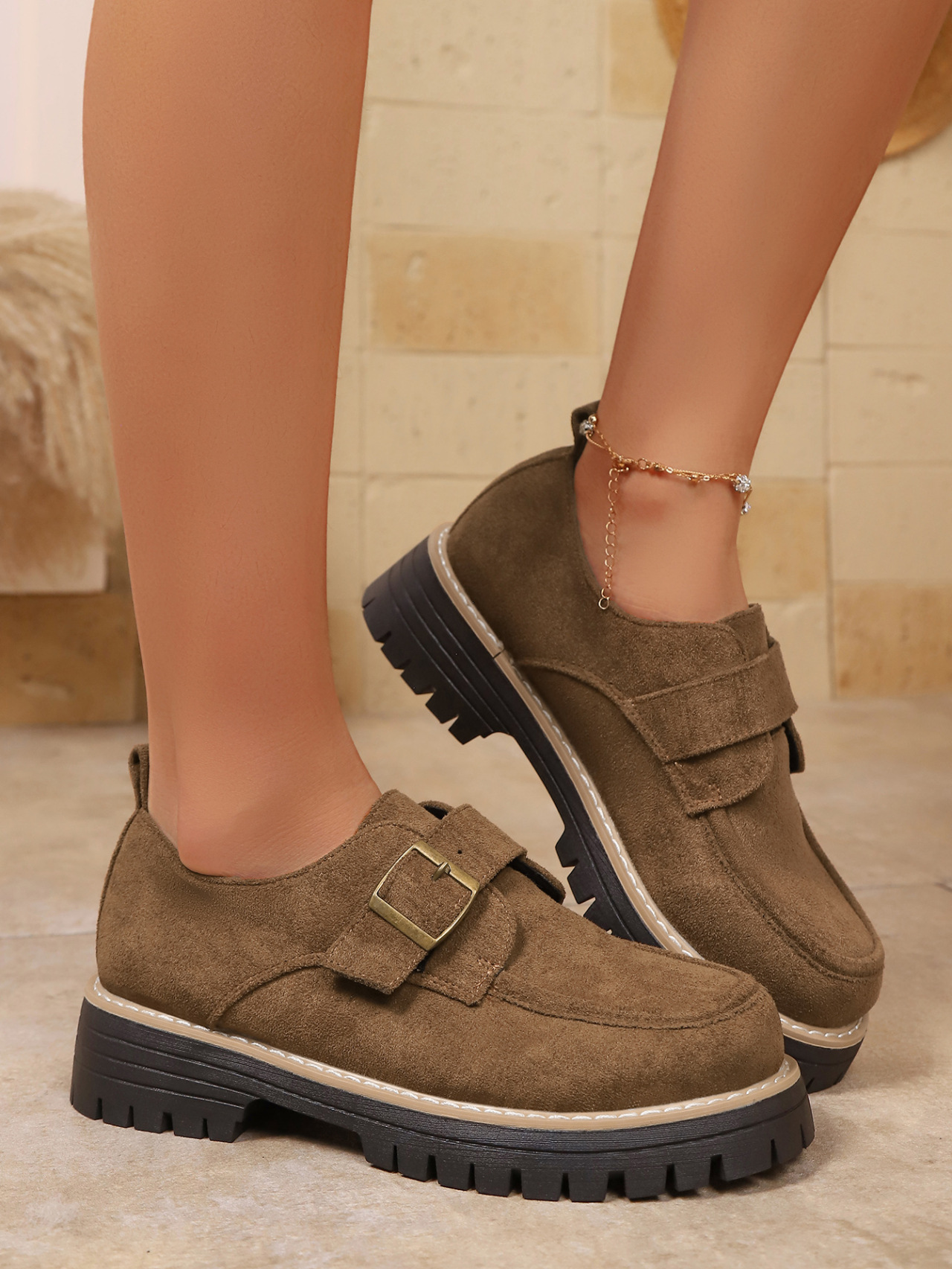 Damen Loafer Mit Blockabsatz Und Schnalle Im Britischen Stil_voghion.com
