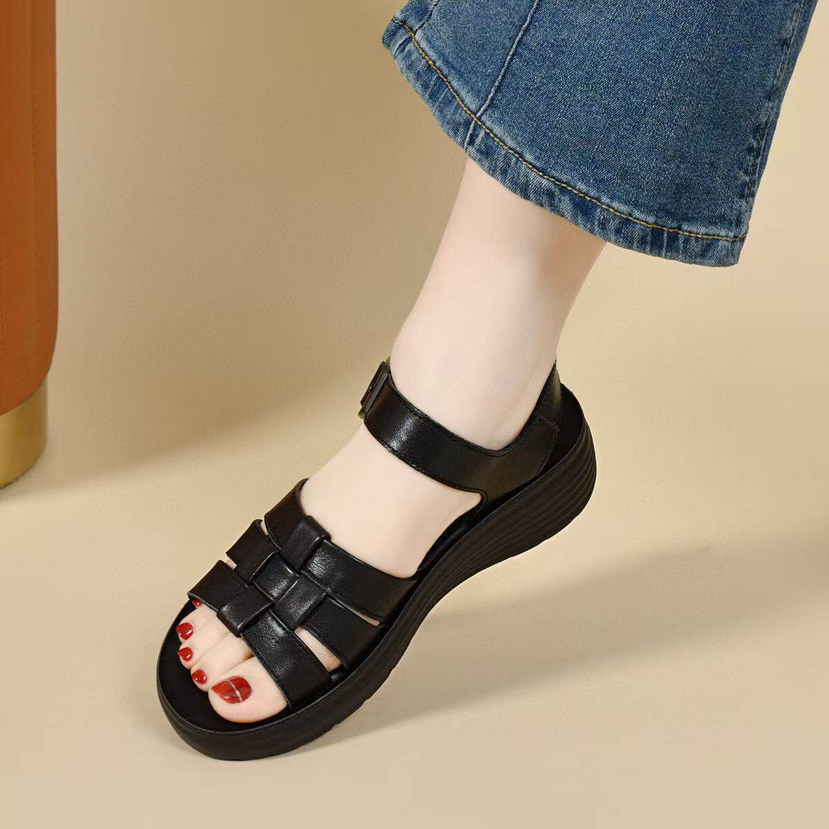 Sandal nữ hở mũi đế xuồng da thật gót thấp mềm phong cách cơ bản — màu đen chi tiết 4