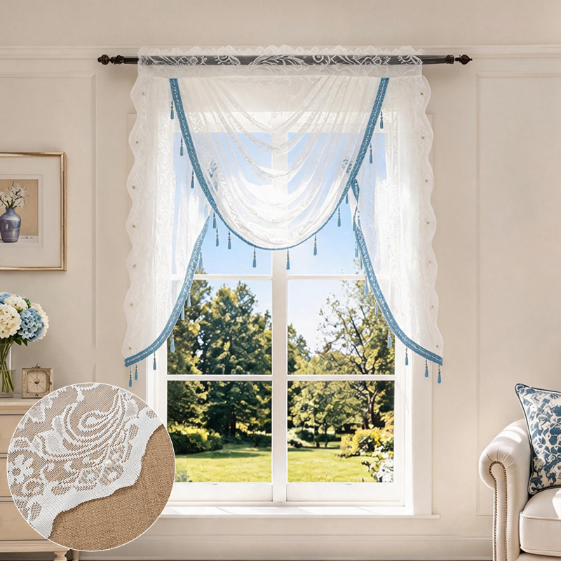 Cross-border Amazon white lace curtain with wavy valance, Nordic light luxury decorative sheer curtain with rod pocket and small curtain head Cross-border Amazon white lace curtain with wavy valance, Nordic light luxury decorative sheer curtain with rod pocket and small curtain head