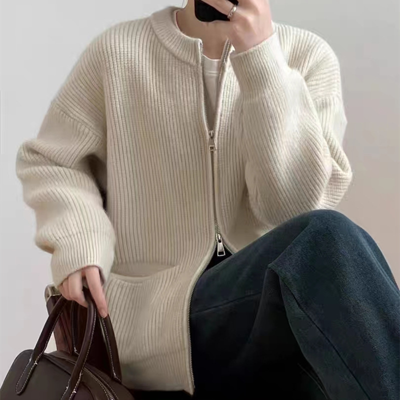 Retro solid color cardigan with zipper