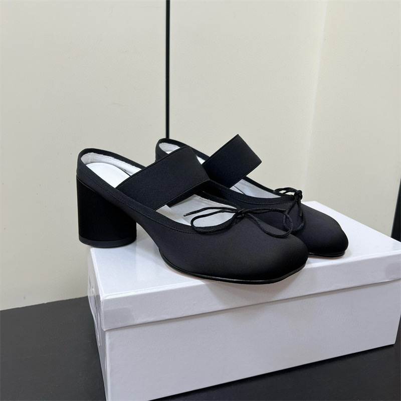 ジェニーと同じM6マルジェラ風ハイヒール、アップルトゥ、スリッポン、レディース、チャンキーヒール、ミュール、リボン付きバレエシューズ