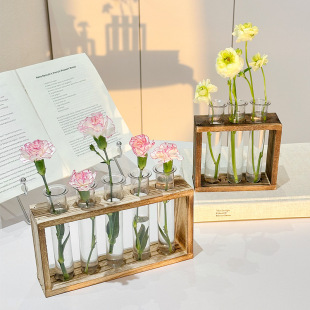 Creative Retro Frame Hydroponic Transparent Vase Ornaments Small Fresh Office Desktop Wooden Crafts Decoration