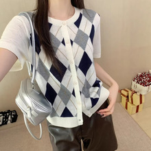 复古菱形格提花针织开衫女夏季2026新款洋气小衫女士短袖T恤上衣