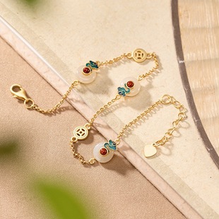 2024 New Gold-Plated Inlaid Imitation Hetian Jade Cloisonné Xiangyun Safety Buckle Retro Elegant Women's Extended Bracelet