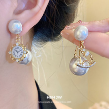 银针珍珠镶钻不对称怀表耳环法式复古精致耳钉设计感小众耳饰批发