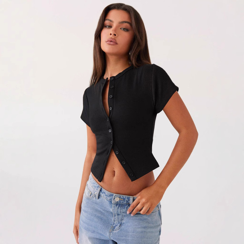 2025 summer new AliExpress Amazon Europe and the United States cross-border supply pit slim button cardigan short sleeve T-shirt