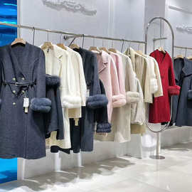 亚马逊新款狐狸毛双面羊毛大衣加长款双排扣气质修身腰带毛呢外套