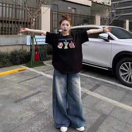 纯棉短袖t恤女2025新款大码夏季正肩设计感小众美式宽松半袖上衣