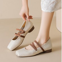 羊皮秋季文艺风浅口简约方头单鞋女一脚蹬复古猪鼻子芭蕾玛丽珍鞋