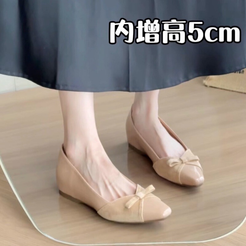 内增高5cm裸色蝴蝶结漆皮单鞋女气质一脚蹬通勤鞋软底玛丽珍女鞋|undefined