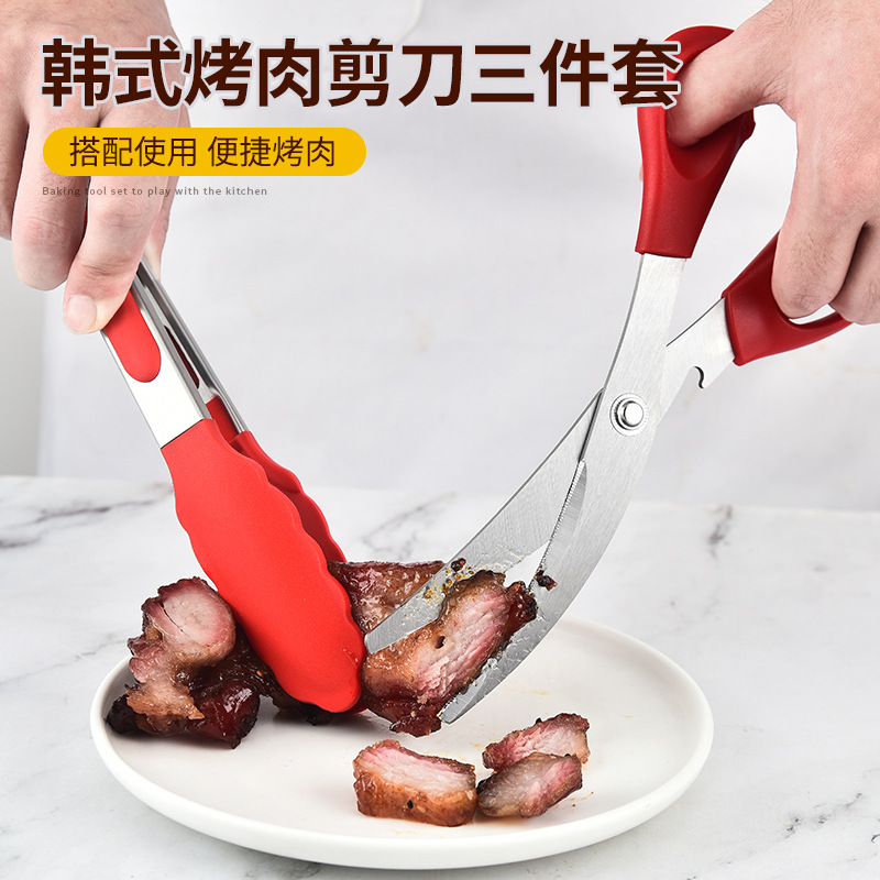 Wholesale Kitchen Scissors Stainless Steel Korean BBQ Scissors Tongs Set Chicken Bone Shears Food Clips BBQ Tongs Set