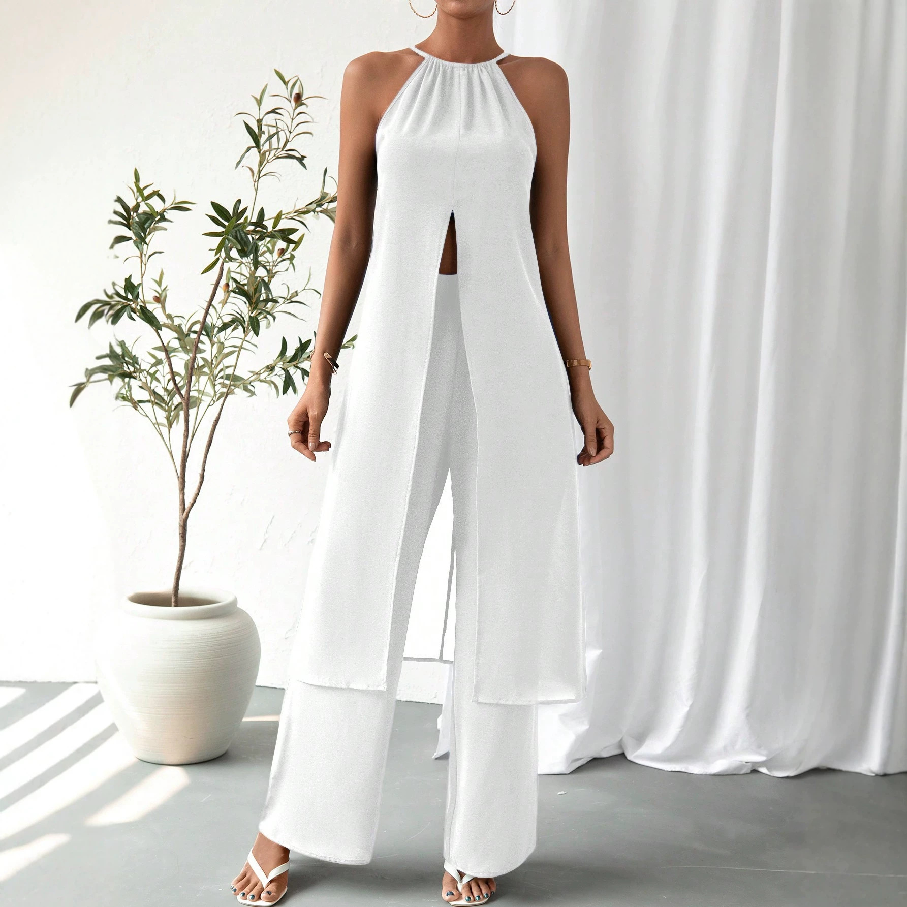 Cross-Border New Style European and American Halter Neck Sleeveless Sexy Backless Loose Slit Dress High-Waisted Long Pants Women's Set
