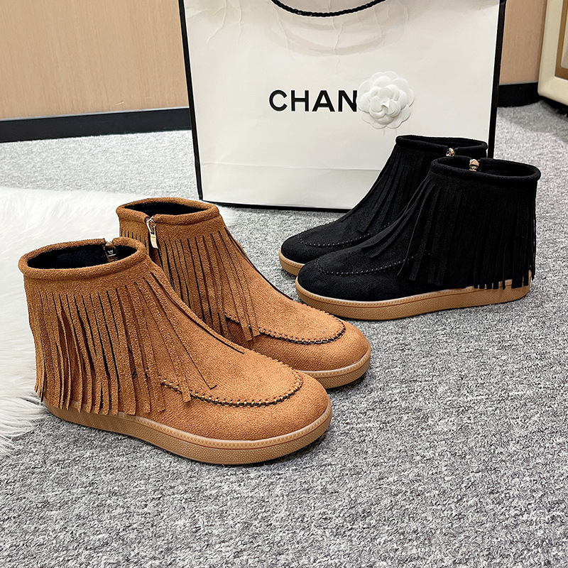 2024秋冬款短靴欧美外贸流苏靴女平底搭扣马丁靴复古骑士靴大马机