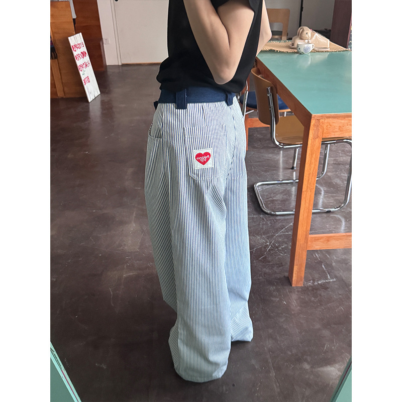 Urkr Original Heart Embroidery American Retro Vertical Striped Pants for Women with a Unique Design, Niche Casual Straight-Leg Drape for Men