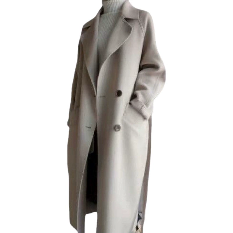 2023 Новое зимнее бежевое шерстяное пальто выше колена средней длины с длинным поясом и плотной талией в стиле Харадзюку