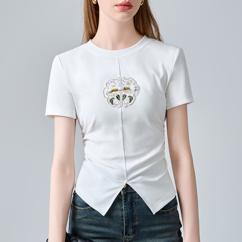 Nueva camiseta china de manga corta para mujer 2024 nueva ropa de mujer ligera de estilo nacional bordado de cuello redondo camiseta de cintura dividida