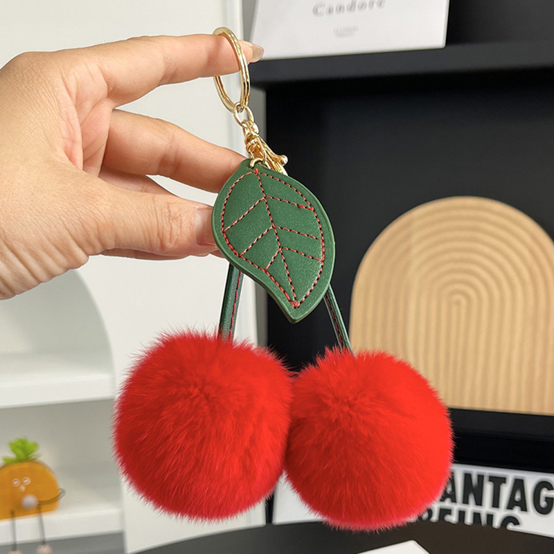 진짜 렉스 토끼 모피 체리 자동차 키 체인 펜던트 인터넷 인기있는 INS 귀여운 봉제 공 가방 매달려 생일 선물