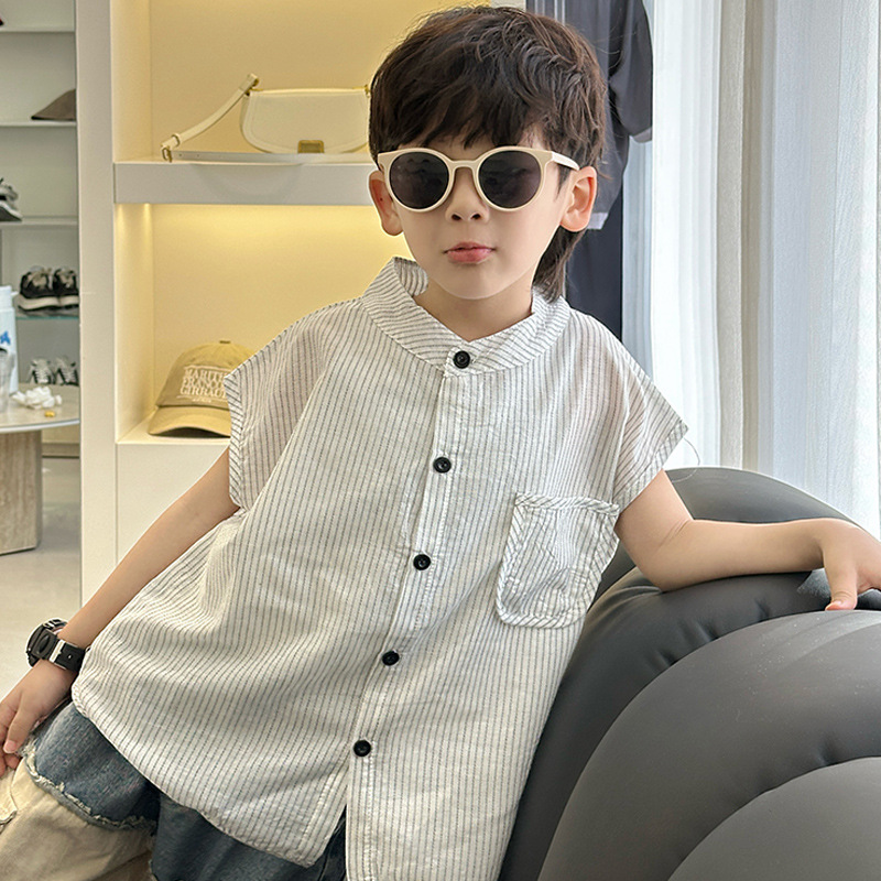 7942 Camiseta de manga corta coreana para niños Verano 2025 Nueva camisa de rayas finas para niños Camisa de chaleco sin mangas