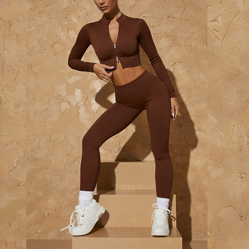  cross-border seamless knitted yoga suit long-sleeved European and American sports fitness suit hip lifting yoga pants suit for women
