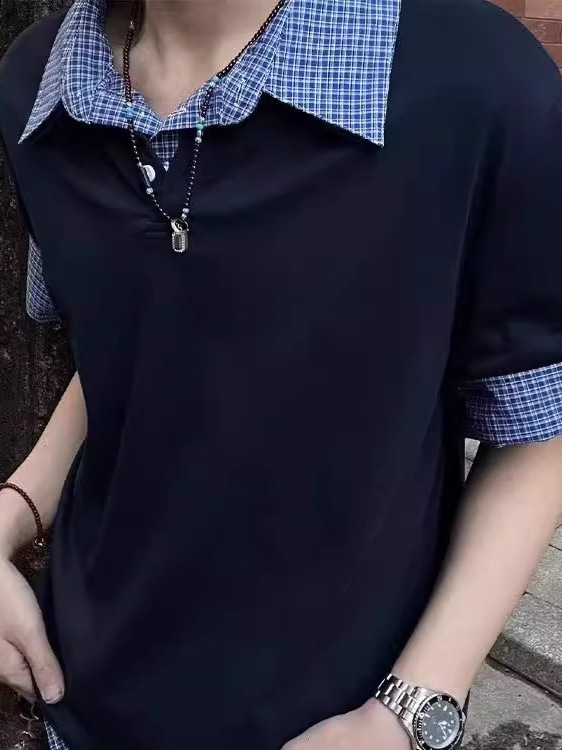 네이비 가짜 2 조각 바느질 격자 무늬 폴로 칼라 반팔 셔츠 남성과 여성을위한 여름 미국 대학 스타일 티셔츠