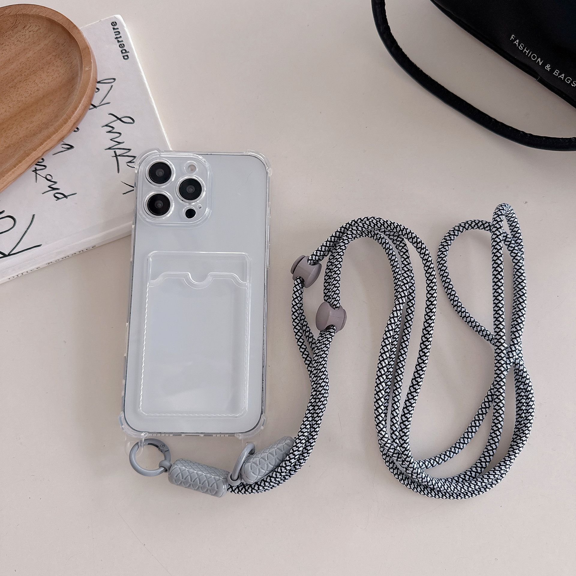 iPhone 15 için uygun, Apple iPhone 14 cep telefonu kılıfı ile uyumlu, şeffaf siyah kartlık, çapraz askılı kordon. - 1