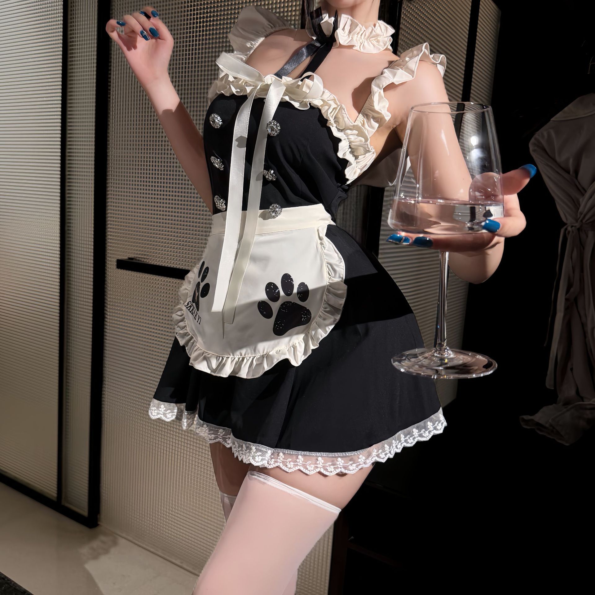 Sexy Maid Lingerie Set with Cat Ears and White Thigh-High Stockings — detail image 3