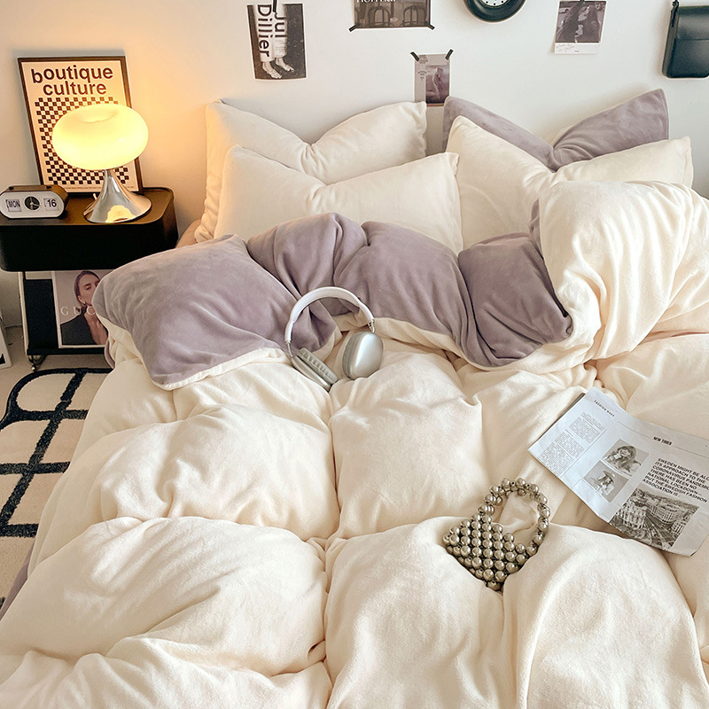 ミルクパイル4点セットA類母子級サンゴパイル布団カバー純色シーツ保温寮3点セットベッド笠金