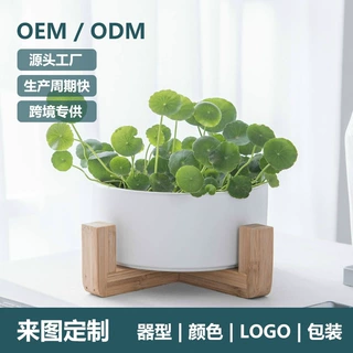 定制跨境创意带木架多肉花盆大口径北欧装饰大号无孔水培陶瓷花盆