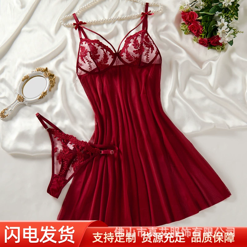 Новая соблазнительная ночная сорочка на бретельках с Т-образной спинкой, ультратонкая прозрачная сетка, вышивка в виде колосьев пшеницы, эротическое белье для сна 66