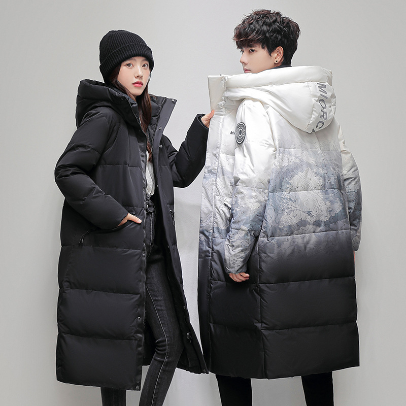 New Winter Men's Thickened down Jacket, Extra Long Style, Unisex Couple Style, Over-The-Knee Thickened Gradient Hooded Coat